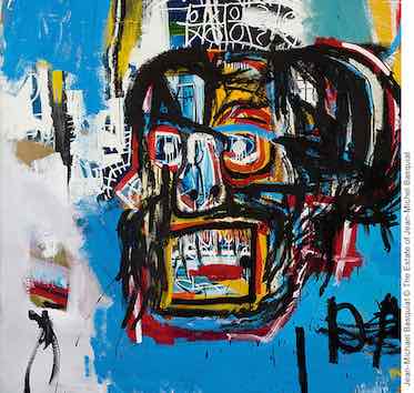 ‘Untitled’ painting by Jean-Michel Basquiat of a crazed and grimacing head figure.